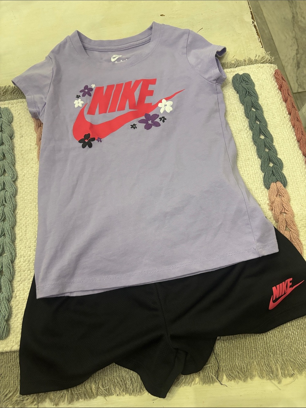 Nike Lavender Tee with Bright Red Logo and Floral Accents